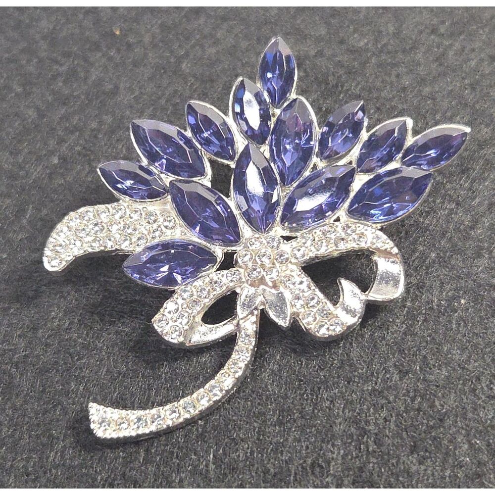 Sapphire Blue Marquise Bouquet Clear Rhinestone Ribbon Brooch